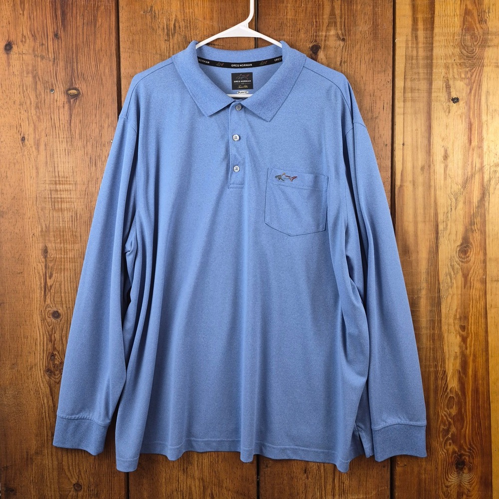 Greg Norman Tasso Elba Mens 2XB Blue Long Sleeve Play Dry Shark Logo Polo Shirt